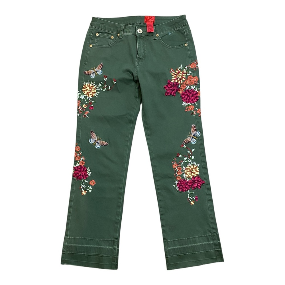 V Christina Olive Green Floral Embroidered Womens Jeans, Size 4